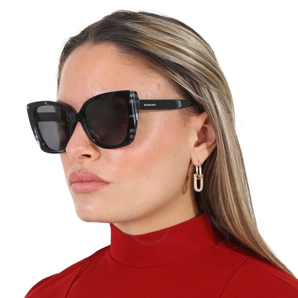 Burberry BE4393 40518G Sunglasses Black/Check White Cat Eye Frame, Grey Lenses main image 6